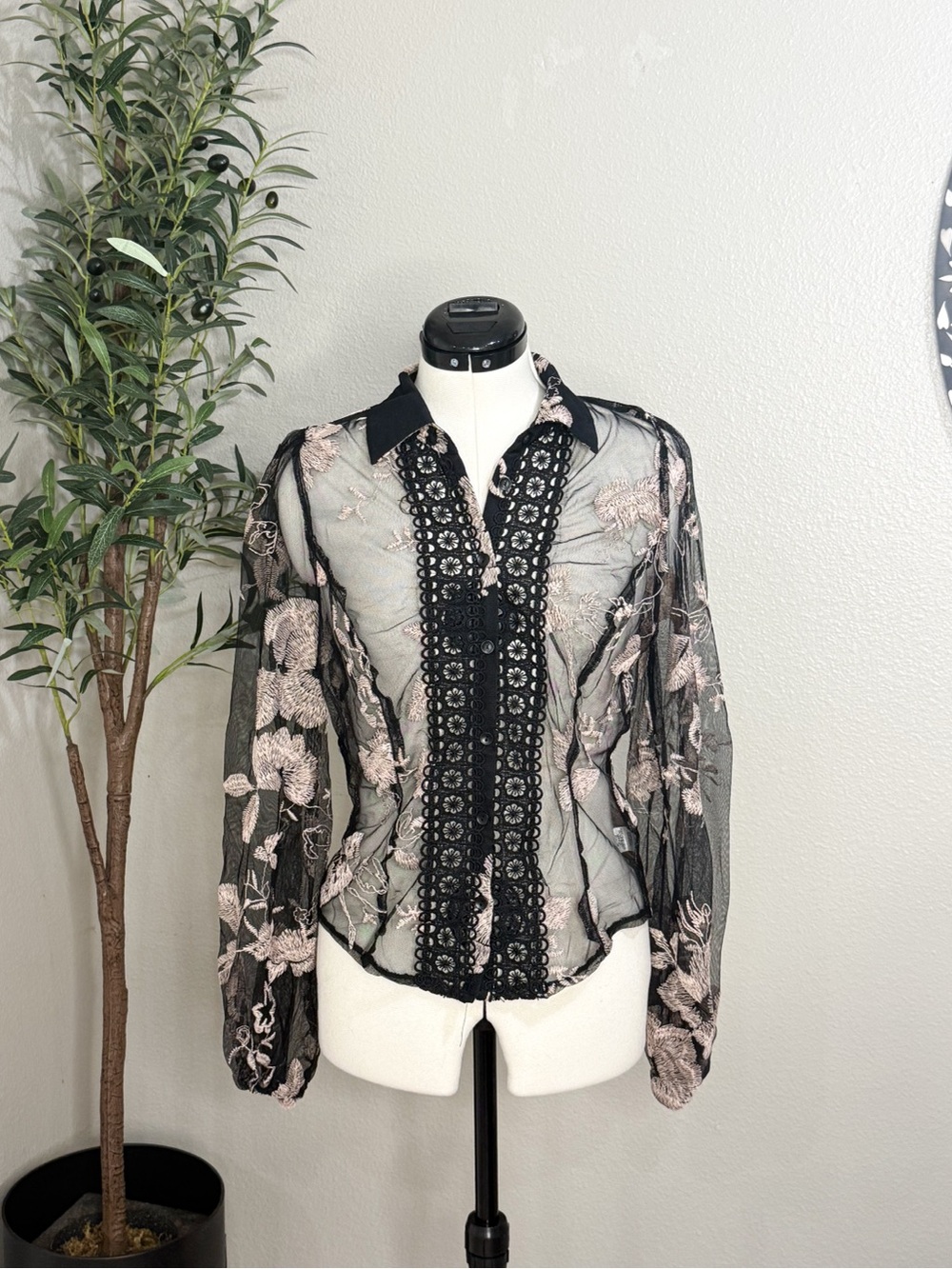 Sheer Black Floral Embroidered Lace-Trim Button-Up Blouse